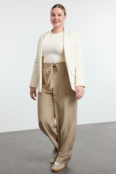 Trendyol Curve Mink Flexible Elastic Waisted Belted Wide Leg Woven Large Size Pants Tbbaw25Ar00013