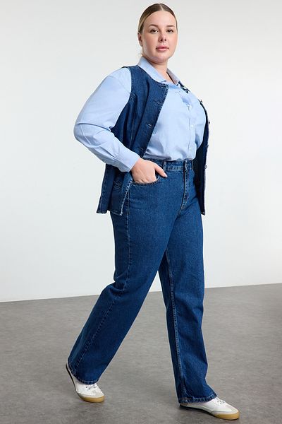 Trendyol Curve Kék magas derekú csőszár farmer farmer TBBSS24CJ00045