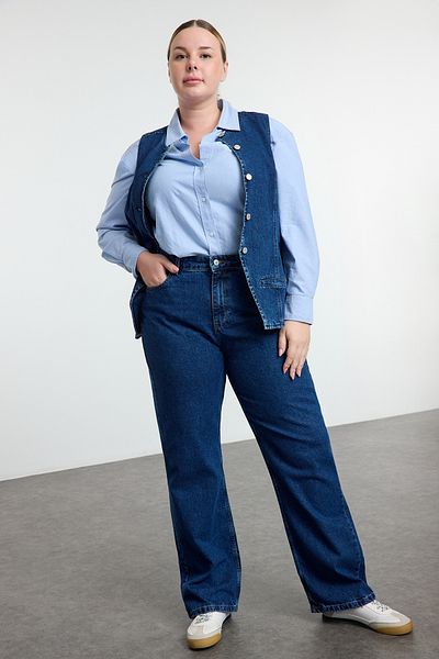 Trendyol Curve Kék magas derekú csőszár farmer farmer TBBSS24CJ00045