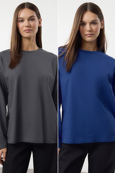 Trendyol Collection Anthracite-Sax 2 Pack 100% Single Jersey Oversize/Wide Cut Knitted T-Shirt Twoaw25Ts00004