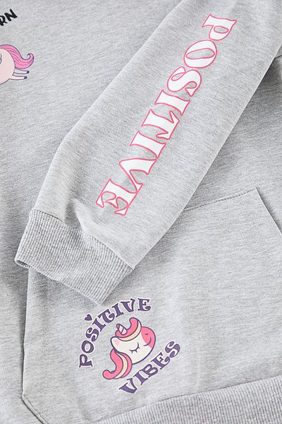 TRENDYOLKIDS Gray Hooded Seasonal Sleeve Printed Girls' Plain Knitted Sweatshirt Tkdaw25Sw00130