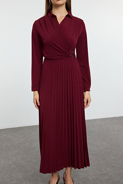 Trendyol Modest Burgundy Wrap Neck Pleated Knit Dress with Accessory Detail TCTAW25EB00138
