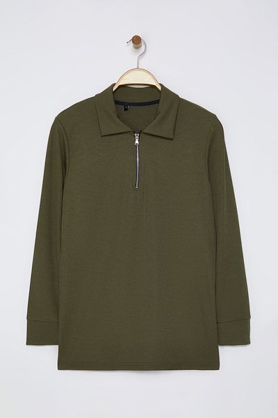 Edit by Trendyol Pánské triko s pololímečkem s límečkem khaki na zip Tedaw25Po00002