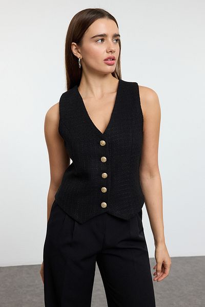 Trendyol Collection Black Tweed Vest with Gold Button Detail - Twoaw25Ye00102