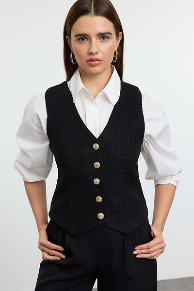 Trendyol Collection Black Tweed Vest with Gold Button Detail - Twoaw25Ye00102
