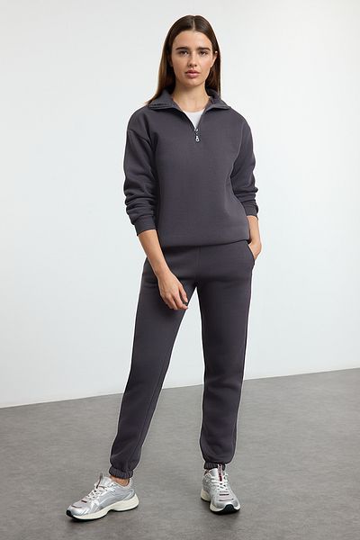 Trendyol Collection Fleece-Anthrazit-Jogger-Trainingsanzug-Set mit Reißverschluss – dicke Innenseite TWOSS25EM00000
