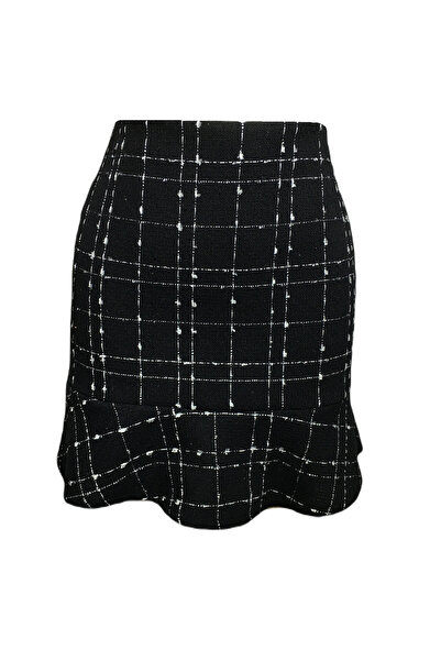 Kahra Collection Fusta mini din tweed cu volan în carouri negre croială (Fără...