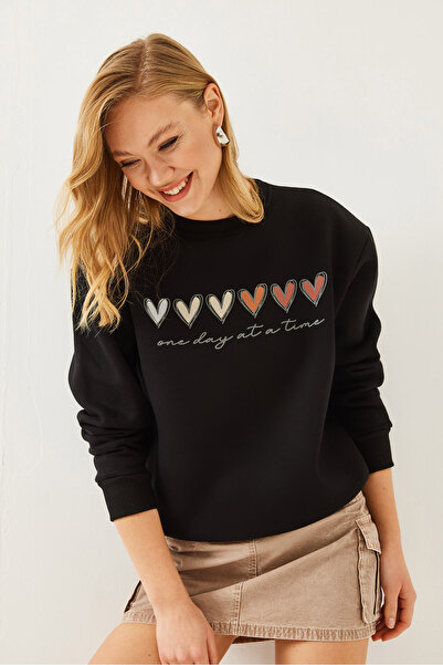 3 iplik Şardonlu Kalp Baskılı Sweatshirt