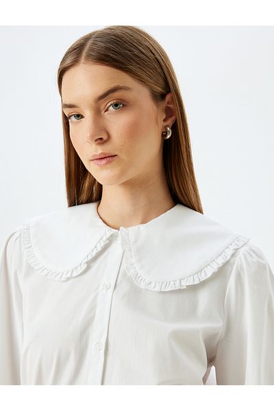 Koton Cotton Long Sleeve Ruffled Baby Collar Poplin Shirt