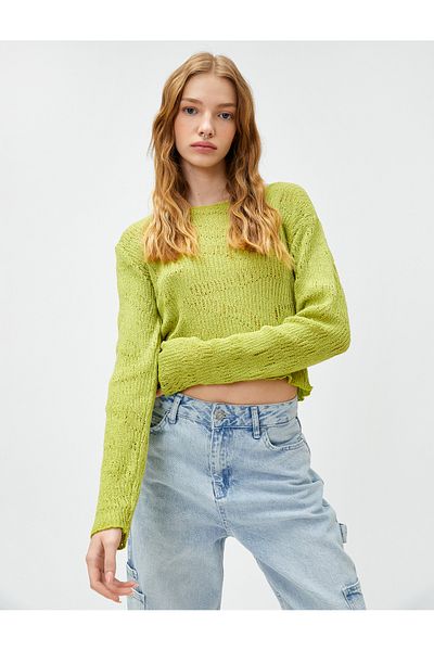 Koton Tričko s dlouhým rukávem Mesh Crop Crew Neck Prolamované