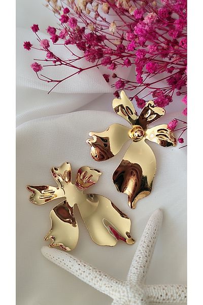 İPAR AKSESUAR Gold Metalic Big Flower Beads Earrings