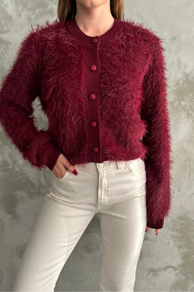 macharel jeans Burgundy Buttoned Soft Textured Bearded Knitwear Cardigan