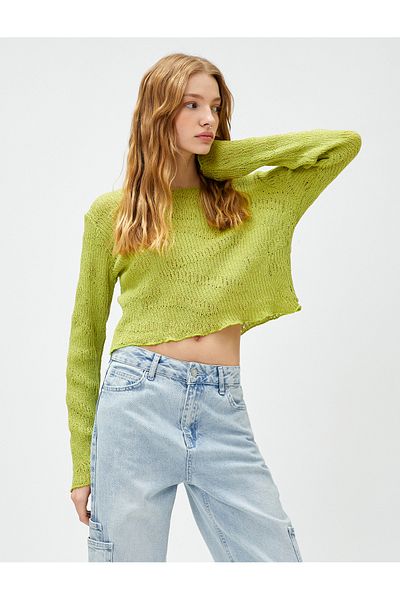 Koton Tričko s dlouhým rukávem Mesh Crop Crew Neck Prolamované