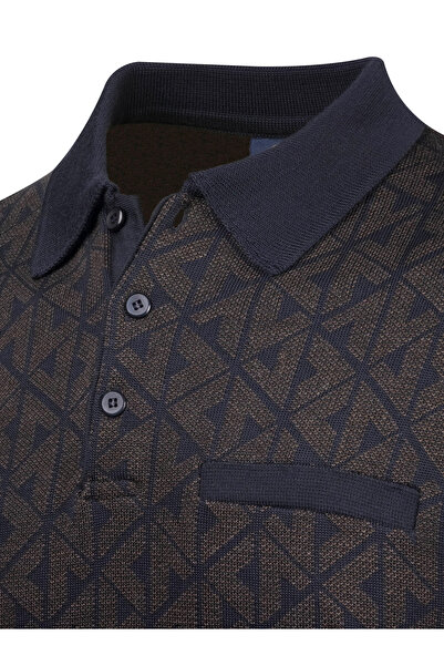 Çizgi Triko Men's Navy Blue Large Size Polo Collar Sweater Patterned Sleeve and Waist Elastic Steel Knit Classic Fit