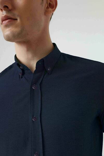 D'S Damat Sötétkék karcsúsított pamut ing - Dobby gallérral és gombos