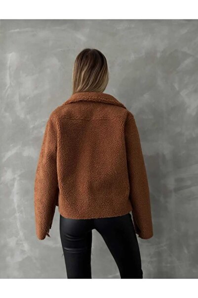 Azra Moda Style Lamb Plush Suede Lacing Button Detail Jacket Women