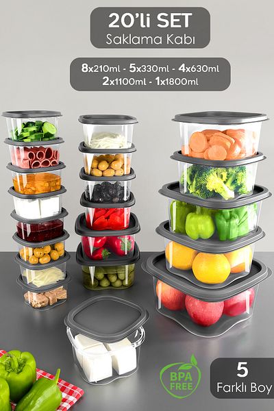 Meleni Home Anthracite Food Storage Set of 20 - Suitable for Microwave, Deep Freezer