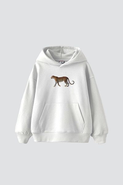 Sekizbiraltı Walking Leopard Printed Oversize Unisex Premium White Hoodie