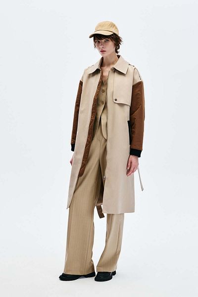 Yake Two-Color Zip-Up Trench Coat with Belted Waist