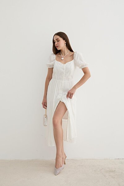 studiofashion White Midi Dress - Women'S, Short Sleeve and Button Detail