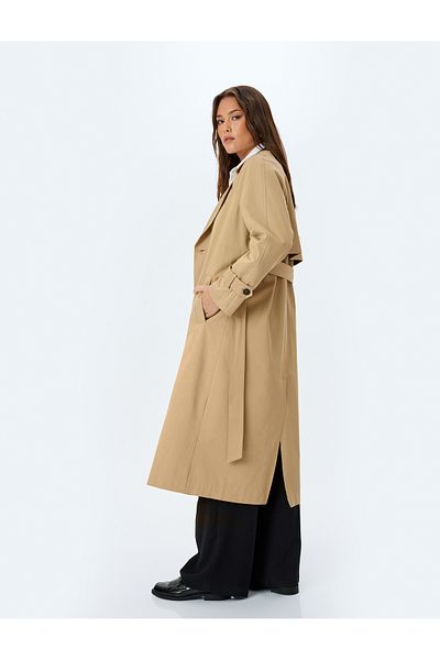Koton Gabardine Double Breasted Extra Long Trench Coat with Leopard Print Lining Inside and Belt