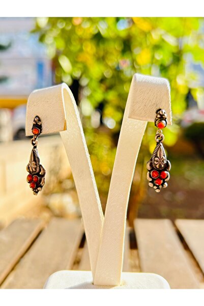 Luna Mercan Doğal Taşlı Antika Gümüş Küpe