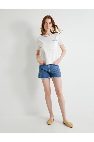 Koton Cotton Short Sleeve T-shirt - Crew Neck, Pocket and Embroidered