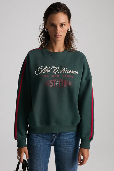 GRIMELANGE Mıreille Women's Printed 3 Thread Knitted Organic Cotton Regular Fit Green Sweatshirt