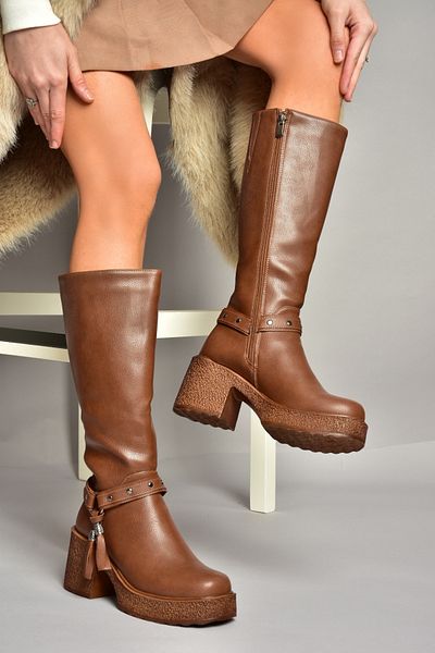 Fox Shoes Τ 996224009   Tan γυναικείες μπότες με χοντρό τακούνι