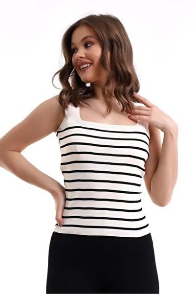 Irmak Kerekli Λευκό-Μαύρο τετράγωνο γιακά ριγέ γυναικεία πλεκτά μπλούζα εσώρο...