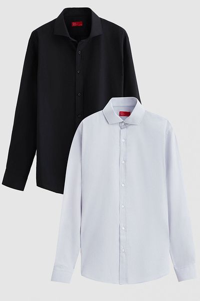 D'S Damat Ds Damat Slim Fit Μαύρο/γκρι ιταλικό πέτο Easy Ironing Πουκάμισο 2 τεμαχίων