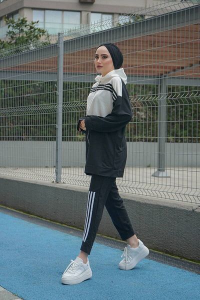 BURCU TESETTÜR Hooded Double Tracksuit Set Trn1016 Black