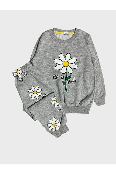 ALİŞ KİDS Girl's Cotton Raised Gray Floral Print Long Sleeve Tracksuit Set