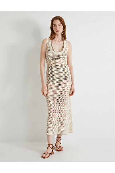 Koton Ajurlu Midi Elbise V Yaka Kalın Askılı