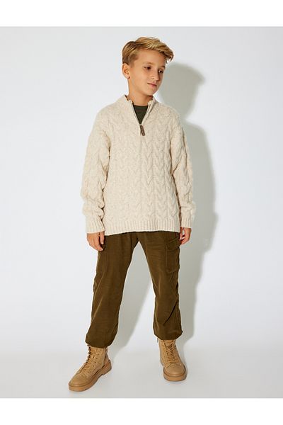 Koton Long Sleeve Sweater with Half Zipper Hair Braid Detail