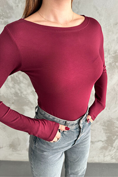 macharel jeans Burgundy Boat Neck Basic Long Sleeve Bodysuit
