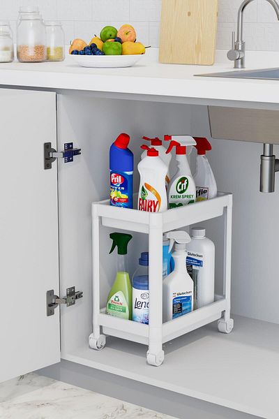 HOMENIVA Raft organizator cu 2 niveluri pe roți, blat de bucătărie, sub chiuvetă și suport pentru detergent