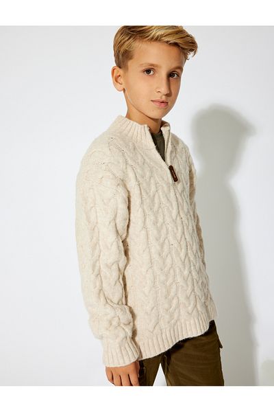 Koton Long Sleeve Sweater with Half Zipper Hair Braid Detail