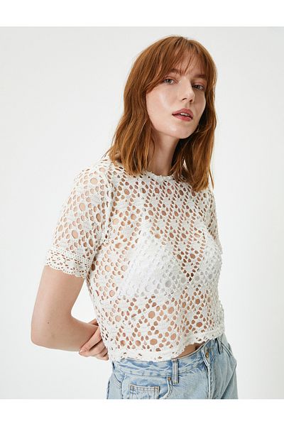 Koton Crochet Openwork T-Shirt Crop Crew Neck Short Sleeve