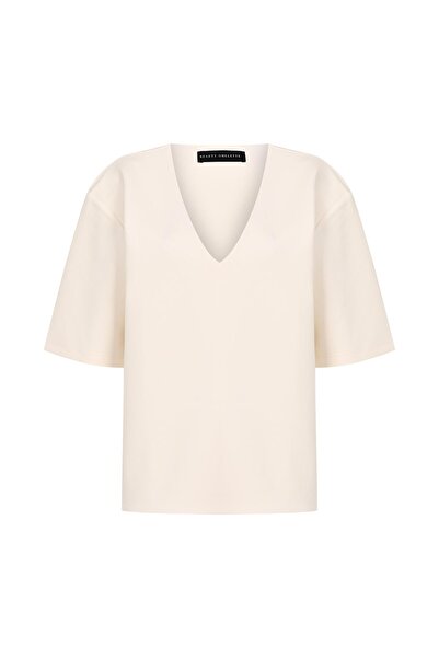 Beauty Omelette Krem V Yaka Kısa Kol Oversize Sweatshirt