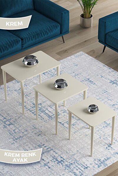 Canisa Via Serisi 1.sınıf Mdf Ve Lake Boya, Krem 3lü Zigon Sehpa Takımı, Krem Gürgen Ayaklar