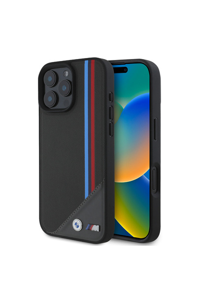 BMW iPhone 16 Kılıf BMW Magsafe Özellikli M Logolu Üç Çizgili Meshed Tricolor Stripes Siyah Uyumlu