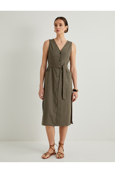 Koton Lněné midi košilové šaty s výstřihem do V, pasem a detailem knoflíku