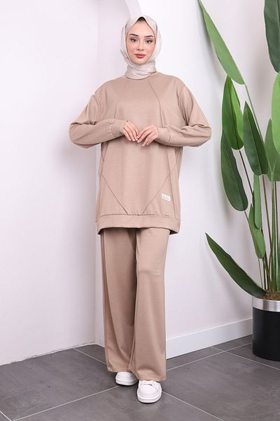 İmajButik طقم بنطال تونيك مشروط برقبة دائرية من فرو المنك