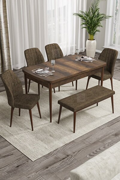 Canisa Concept Rio Serisi Bench'li Barok Ahşap Desenli Mdf Mutfak Masası 4 Siyah Sandalye Takımı