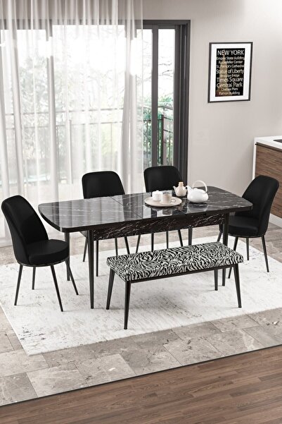 Canisa Concept Via Serisi Açılabilir Mutfak Masası Takımı Siyah Mermer Desen Masa 4 Siyah Sandalye 1 Zebra Bench