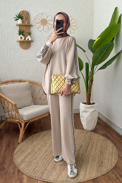 Salih Çelebi Beige Color Glitter Stripe Tracksuit Set - 2187