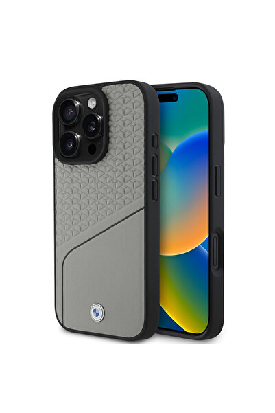 BMW iPhone 16 Pro  Uyumlu Kılıf BMW  Lisanslı Magsafe Özellikli Metal Logolu Dokulu ve Çizgili Deri Gri