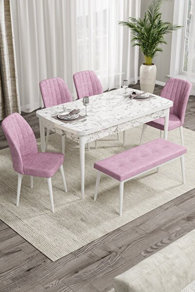 Canisa Concept Rio Serisi Bench'li Beyaz Mermer Desenli Mdf Mutfak Masası 4 P...