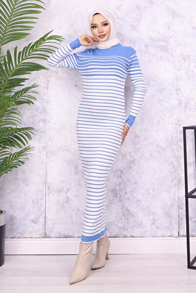 benguen 6143 Model Blue Striped Turtleneck Knitwear Dress